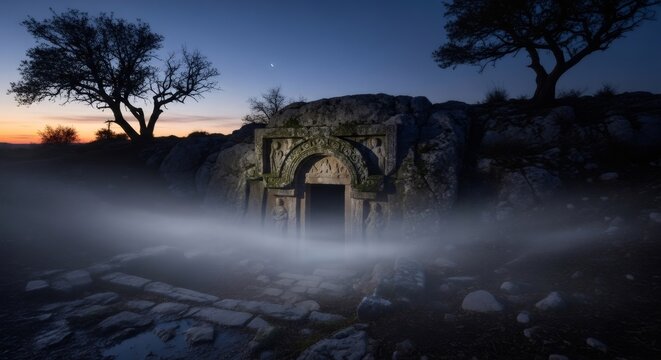 Ancient Lycian carved tomb entrance with ornate arch and statues shrouded in fog at dusk. Historical sepulcher.