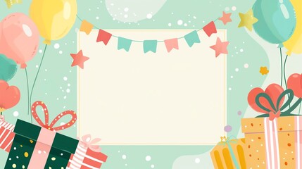 Bright celebration background with gift boxes, balloons, garland, and stars, perfect for party invitations, greetings, or birthday cards.