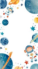 Decorative watercolor frame featuring planets, stars, and a cute astronaut, ideal for invitations, greeting cards, or photo designs with a cosmic theme.