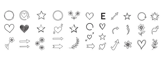 Minimalist Hand-Drawn Line Art Icon Set – Heart, Star, Moon, Sun, Flower, Leaf, and More Vector Symbols