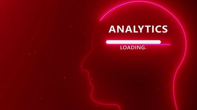 Neon outline of a human head profile with " ANALYTICSLOADING" text and progress bar on a dark red background with particles