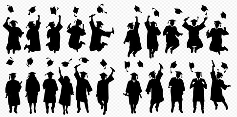 Silhouettes of graduates throwing their caps in the air, celebrating graduation.