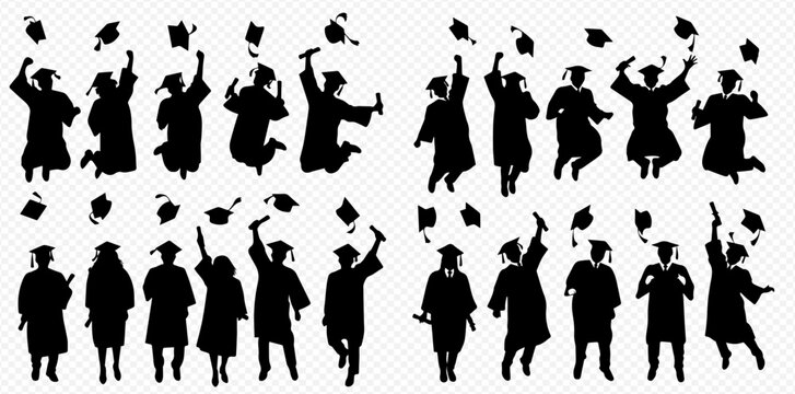 Silhouettes of graduates throwing their caps in the air, celebrating graduation.