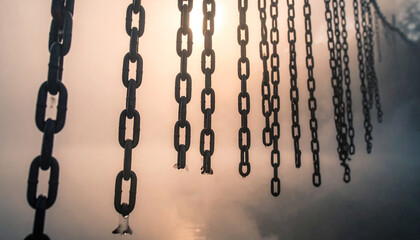 霧の中に垂れ下がる鉄のチェーンのシネマティック背景 – Hanging Iron Chains in Fog with a Moody Cinematic Atmosphere