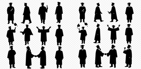 Silhouettes of graduates in gowns and caps in various poses, celebrating graduation.