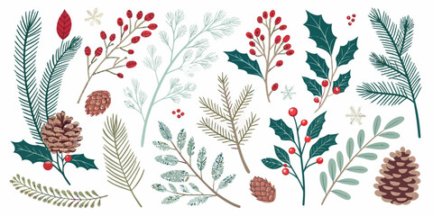 Vector illustration of christmas  assorted christmas foliage with pinecones and red berries on white