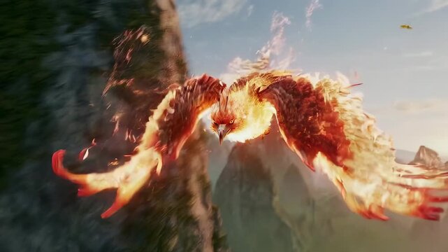 A mythical bird, the Phoenix, soars majestically in the sky, embodying rebirth and immortality. The creature is aflame with vibrant colors as it flies across the majestic mountains
