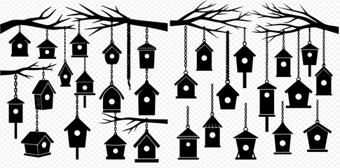 Silhouette of birdhouses hanging from branches, creating a whimsical and decorative scene.