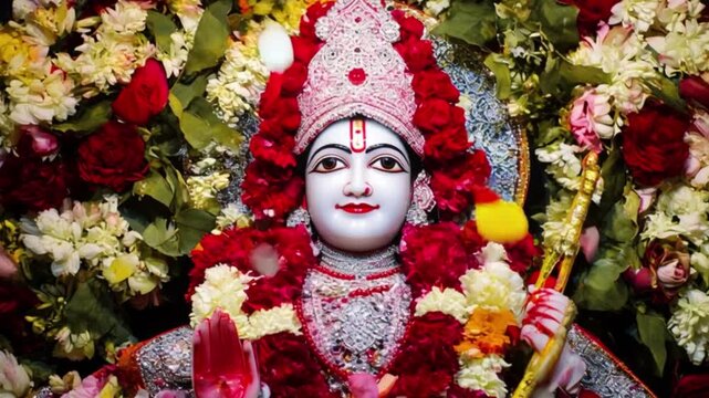 Hindu goddess  Lord Ram idol decorated with flowers and ornaments close up devotional worship scene, Hindu mythology spirituality concept, Indian temple religious festival celebration, sacred deity st