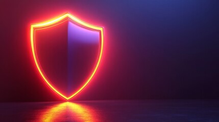 neon glowing shield sign in red and blue on a dark, reflective surface, representing protection. Excellent for websites and blogs on cybersecurity, data protection, technology, finance