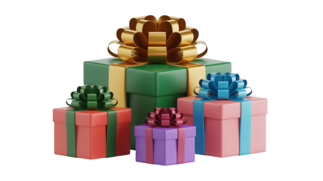 A festive stack of colorful gift boxes with decorative ribbons and bows isolated on transparent background