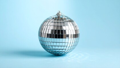 Shiny disco ball on a light blue background, perfect for parties.