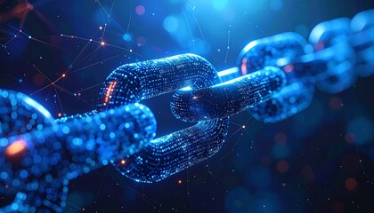 Digital chain links glow with blue, connected by light in a dark space; conceptual technology illustration