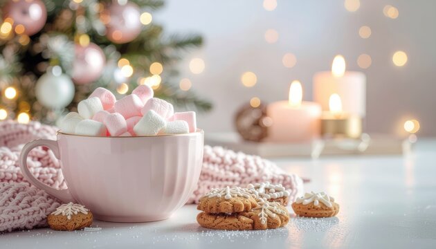 Cozy winter gathering with hot chocolate christmas decor food photography indoor close-up comforting holiday vibes