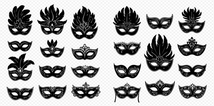 Collection of black masquerade masks with various designs and embellishments.