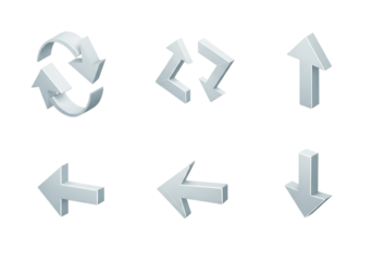 Set of various silver 3d arrows and pointers