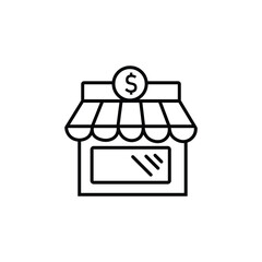 Illustration of a store with a dollar sign, represents retail, shopping, business, and financial transactions