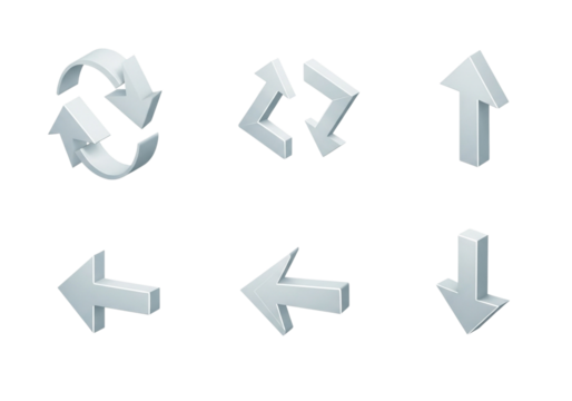 Set of various silver 3d arrows and pointers