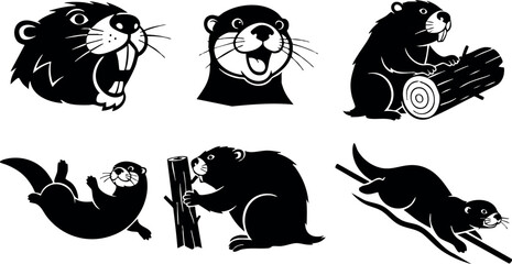 Beaver animal cartoon vector set showing different playful and hardworking beaver poses and expressions in black silhouette style