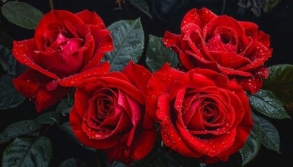 Four vibrant red roses, speckled with water droplets, stand out against dark green foliage in soft, natural light