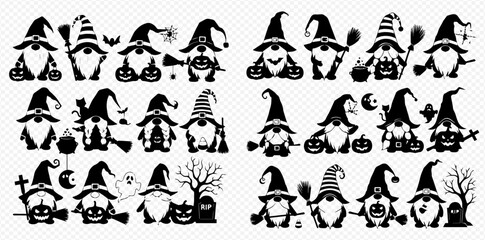 Collection of black Halloween gnomes silhouettes with witch hats, pumpkins, brooms, and spooky elements, perfect for festive decorations and crafts.