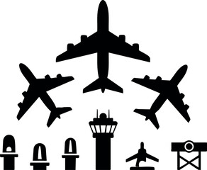 Airplane icons collection with airport control tower and runway symbols in black silhouette style vector illustration