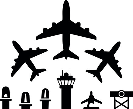 Fototapeta Airplane icons collection with airport control tower and runway symbols in black silhouette style vector illustration