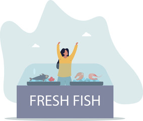 Shop window, counter with fresh fish and seafood. Supermarket concept.