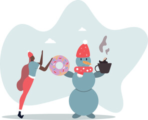 Coffee shop advertisement. A snowman with a donut and a cup of aromatic coffee.