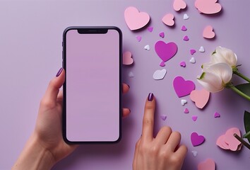 Modern smartphone with empty screen held by a woman’s hand on soft purple background surrounded by pink paper hearts and white tulips, representing romance and online connection.
