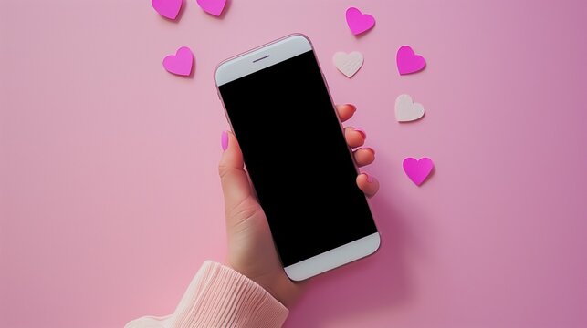 Mockup of smartphone with blank screen on pink background and decorative hearts, perfect for Valentine’s Day and love app design.