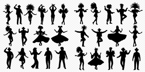 Collection of black silhouettes depicting men and women in various dynamic dance poses and festive attire.