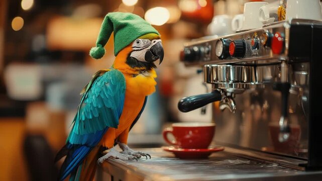 Parrot wearing elf hat sitting on coffee machine, shouting funny phrases in Christmas caf&eacute; interior, playful holiday meme scene with copy space
