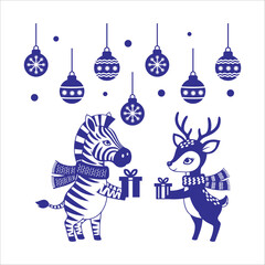 Zebra and Reindeer Gift Exchange Christmas Scene