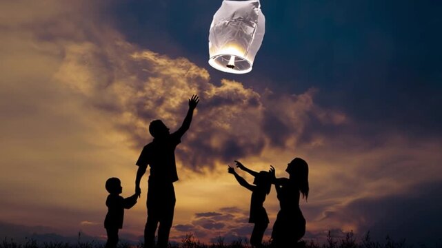 Family silhouette releasing sky lantern together at sunset with children reaching upward, warm evening celebration scene symbolizing hope unity joy, beautiful glowing lantern floating in dramatic colo