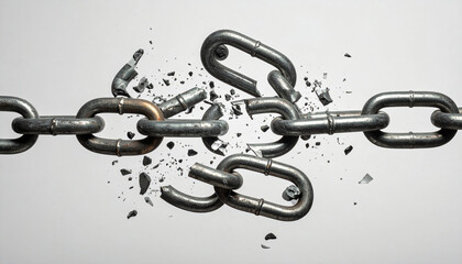 壊れた金属チェーンが散らばる自由のコンセプトアート – Broken Metal Chain Links Scattered as a Symbol of Freedom