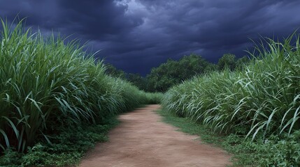 A winding dirt path leads through dense green grass towards a forest under a dark stormy sky