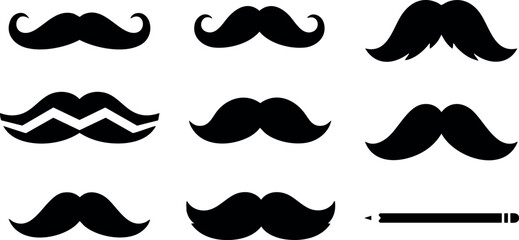 Collection of Various Black Mustache Styles with Straight Razor Grooming Accessories Vector Illustration