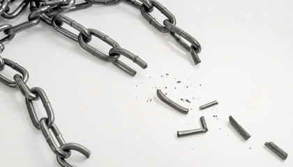 壊れた金属チェーンが散らばる自由のコンセプトアート – Broken Metal Chain Links Scattered as a Symbol of Freedom