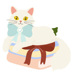 White Cat on Books Illustration PNG Transparent – Cozy Cute Kitty with Bow Clipart for Christmas, Reading, or Home Decor Design