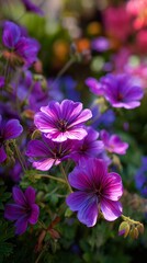 Fototapeta premium Vibrant purple geranium flowers bloom in soft focus, showcasing delicate petals and rich color against a blurred garden background of green and soft hues.