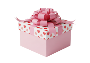 Pink gift box with a large pink bow and a pattern of red hearts
