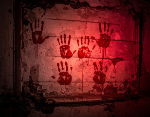 血の手形が残る薄暗い壁のホラー背景 – Bloody Handprints on an Old Wall under Dim Red Light