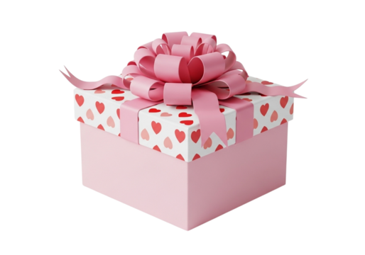 Pink gift box with a large pink bow and a pattern of red hearts