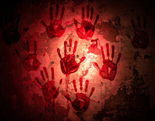 血の手形が残る薄暗い壁のホラー背景 – Bloody Handprints on an Old Wall under Dim Red Light
