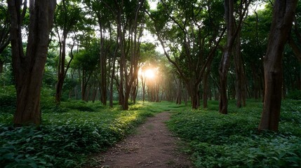 Fototapeta premium A tranquil forest path bathed in warm sunlight with lush green foliage and golden hour rays filtering through the trees