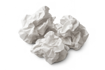 Crumpled white paper balls representing discarded ideas, errors, and creative struggles, with a transparent background