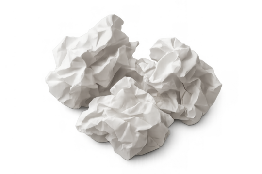 Crumpled white paper balls representing discarded ideas, errors, and creative struggles, with a transparent background