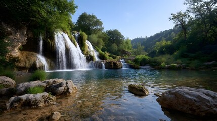 Fototapeta premium Majestic cascading waterfall with lush vegetation and rocks at dawn under a clear blue sky