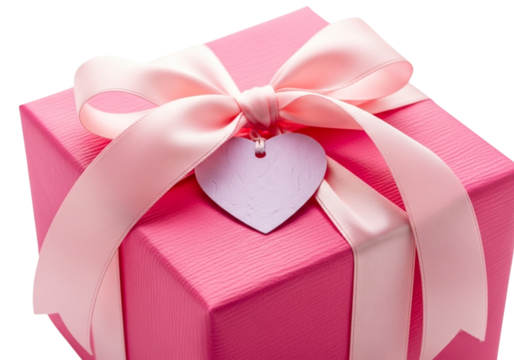 Pink gift box with a pink ribbon and a heartshaped tag